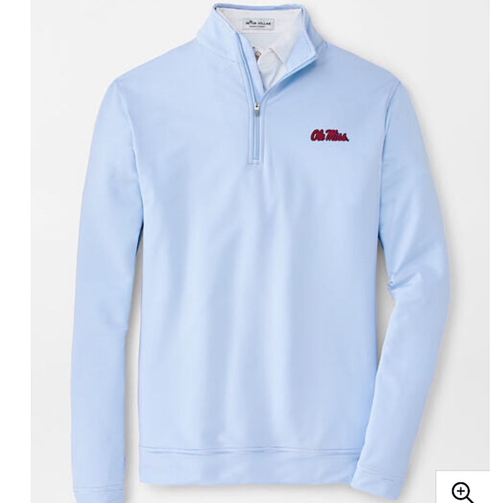 Peter Millar quarter zip. Light blue and white stripe pattern with Ole Miss logo